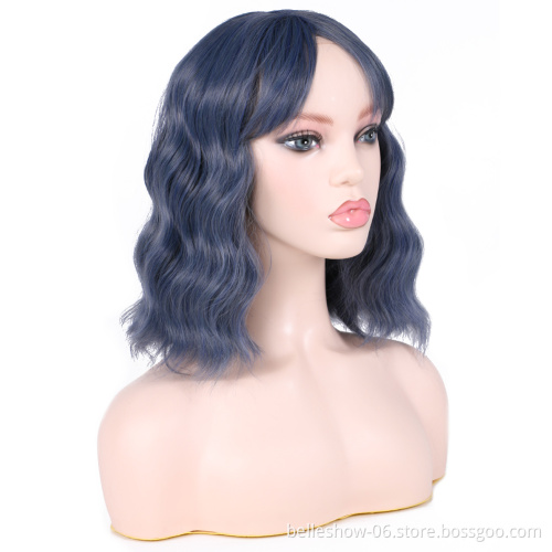 Hot sell astel Wavy Wig With Air Bangs Women's Short Bob Pink Wig Curly Wavy Shoulder Length Pastel Bob Synthetic Cosplay Wig